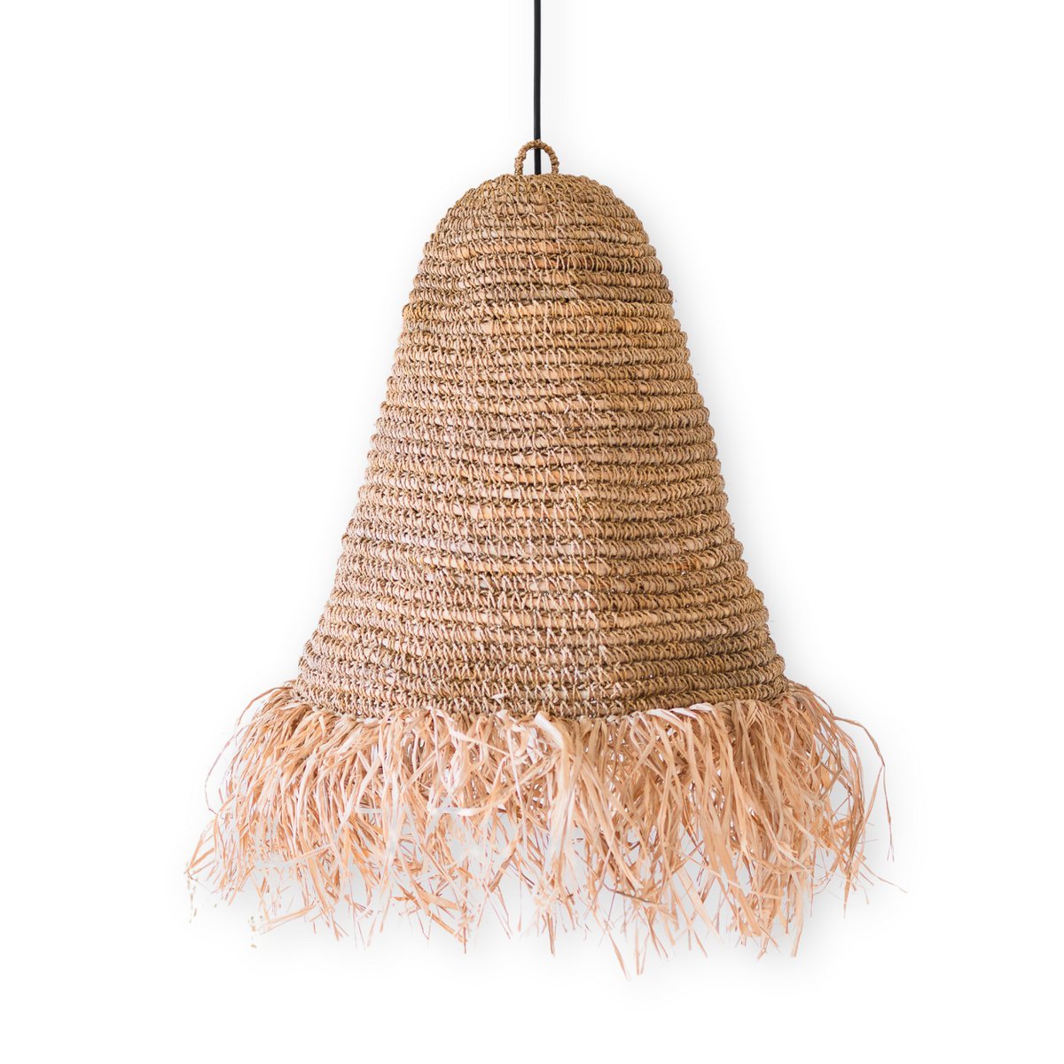 Raffia boho lampenkap – hanglamp – handgeweven plafondlamp met franjes (3 maten Ø 30/40/50 cm) – Kalima