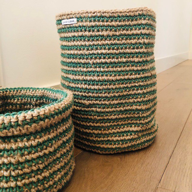 Luna-Leena Basket with Green Stripes – Jute &amp; Cotton – H30cm – Handmade in Nepal