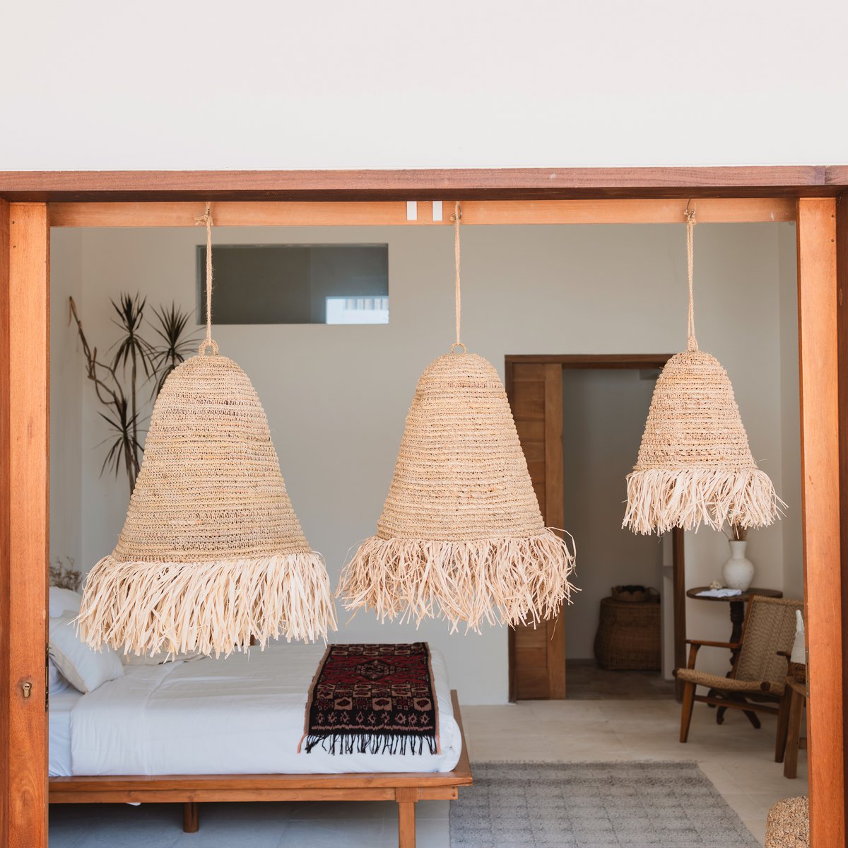 Raffia boho lampenkap – hanglamp – handgeweven plafondlamp met franjes (3 maten Ø 30/40/50 cm) – Kalima