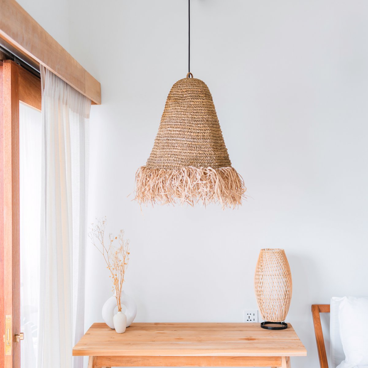 Raffia boho lampenkap – hanglamp – handgeweven plafondlamp met franjes (3 maten Ø 30/40/50 cm) – Kalima