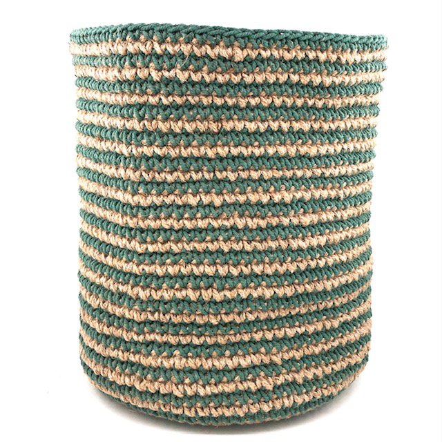Luna-Leena Basket with Green Stripes – Jute &amp; Cotton – H30cm – Handmade in Nepal